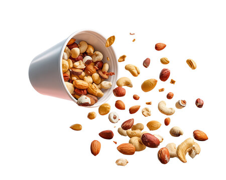 Assorted nuts spilling from container - Powered by Adobe