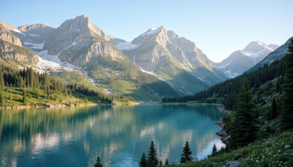 Fototapeta premium Majestic mountain lake surrounded by lush forest and snow-capped peaks under clear blue sky