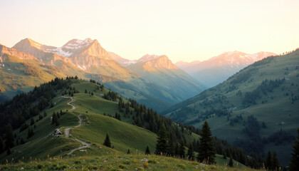 Fototapeta premium Breathtaking mountain landscape at sunrise with scenic hiking trails and lush green valleys