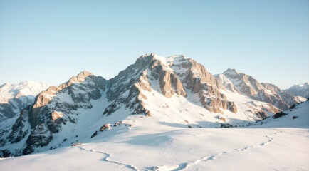 Fototapeta premium Majestic snow-capped mountains under clear blue sky at sunrise