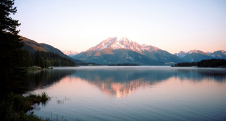 Serene mountain lake at sunrise with snow-capped peaks and reflections