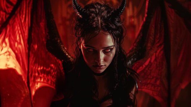Sultry succubus with glowing crimson eyes and horned silhouette emerging from fiery red shadows in seductive pose radiating temptation and demonic allure