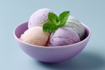 Delicate Pastel Sorbet Scoops in Lavender Bowl with Mint Leaf