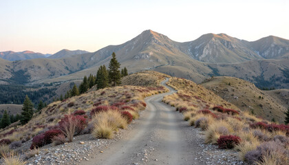 Obraz premium Serene mountain landscape with winding path and purple shrubbery at sunset