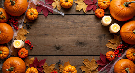 Vibrant Halloween pumpkins and autumn leaves on a rustic wooden background evoke the cozy fall season and bountiful harvest