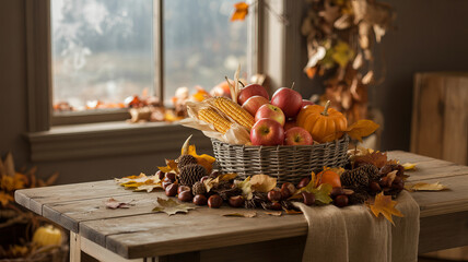 Autumn harvest display featuring fresh fruits and seasonal decorations on a wooden table