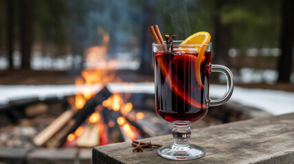 Warm beverage with spices served by a cozy campfire in a winter setting