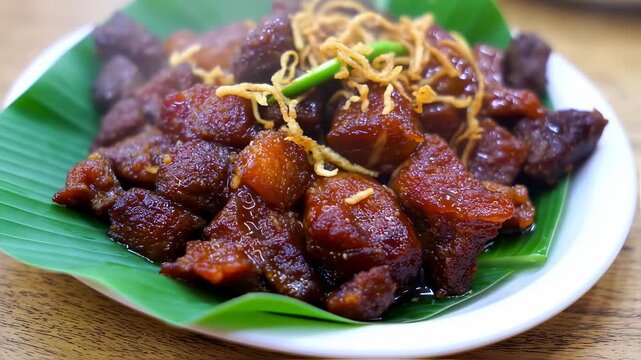 Close-up of Indonesian Traditional Food Semur Daging served on banana leaf, Delicious