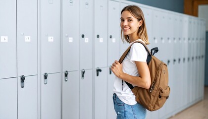 Portrait of a happy female university student with a backpack smiling confidently by the lockers in a school hallway.
