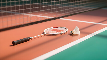 A badminton racket and shuttlecock rest on a badminton court, near the net.  The image depicts a still moment in the game, with natural lighting highlighting the equipment and court surface.