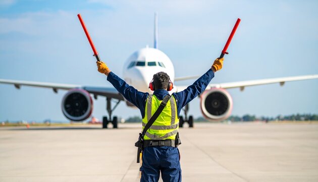 Airport ground crew marshaller wearing a face mask and safety gear directing an airplane on the tarmac.
