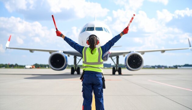 Female aircraft marshaller using signal wands for non-verbal communication to guide a passenger jet on the runway.