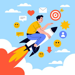 A dynamic scene of a young man joyfully riding a rocket, set against a vibrant sky, symbolizing ambition and the exhilarating rush of chasing dreams.