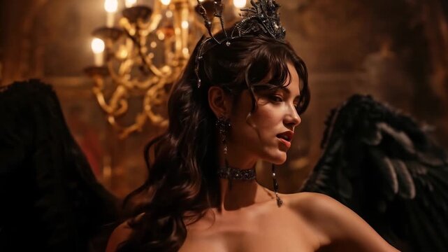 Fallen angel sexy woman with black raven wings wearing elegant corset poses gracefully in luxurious vintage bedroom with ornate chandelier and velvet drapery