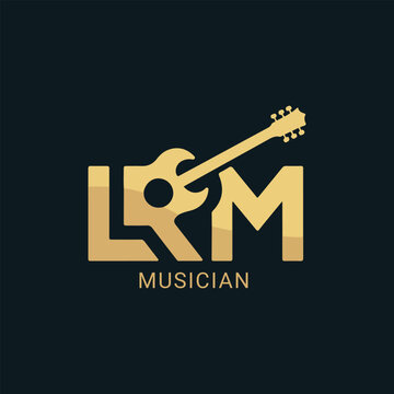 Golden guitar integrated into L R M letters logo with musician text below vector