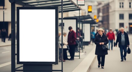 People Walking in Urban Setting with Bus Stop and Blank Advertising Board for Marketing Campaigns, City Guides, Travel Blogs, and Public Transport Awareness  