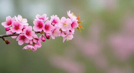 Delicate cherry blossom branch reveals ephemeral pink flowers against soft background. Cherry blossom branch captures fleeting beauty of spring, with delicate petals and subtle fragrance.
