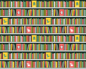 Books on the Shelves. Seamless Pattern. Bookshelves with Kids Books. Library Interior or Bookstore Interior. Children's books on the White Shelves. Vector illustration in Green, Yellow, Red, White.