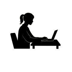Silhouette of a woman with her hair in a ponytail, sitting at a desk and actively typing on a laptop computer.