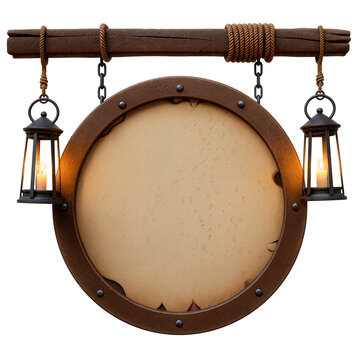Rustic wooden tavern sign with lanterns Placa de Madeira r&uacute;stica de taverna com lanternas