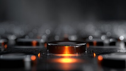 Close-up of glowing, metallic button array
