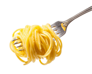 Fork holding swirled pasta noodles