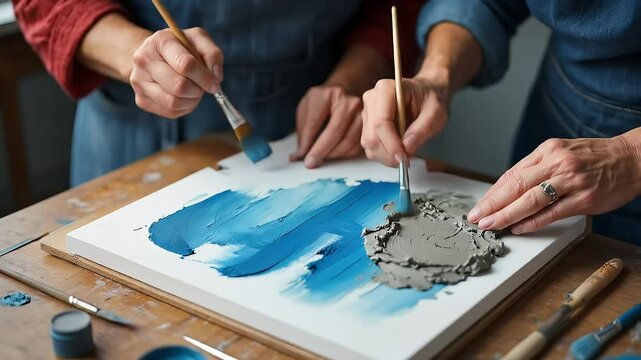 A close-up of two artists collaborating on a mixed-media artwork, painting with blue and applying thick grey texture to a canvas