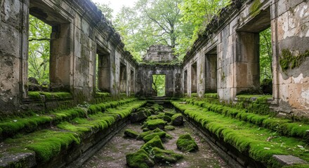 Ancient Ruin's Interior: Moss-Covered Stone Walls, Forest Light, Atmospheric Perspective.