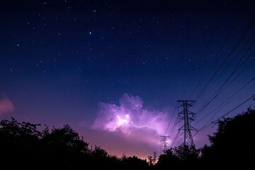 Night sky with storm and power lines.  Silhouetted trees
