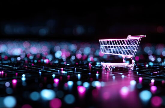 Neon shopping cart on a digital grid
