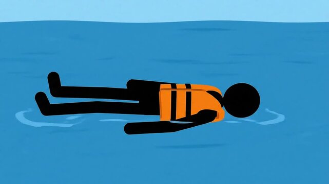 A silhouetted figure in an orange life jacket floats peacefully on calm blue water under a clear sky