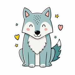 Fototapeta premium Adorable Cartoon Wolf Illustration with Hearts and Stars for Children's Designs and Decorations