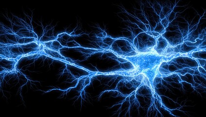 Abstract neural network, vibrant blue, electric currents on black