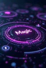 Neon purple and blue hues illuminate a futuristic interface, vertical composition. The central display glows with the word Magic, evoking a sense of technological wonder and potential.