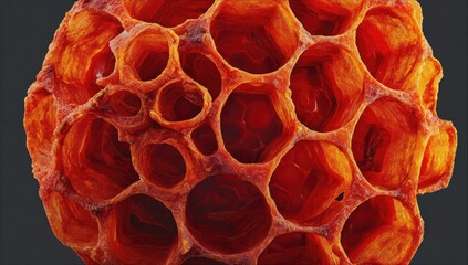 Close-up of a dried, honeycomb-like structure.  Fiery orange, intricate patterns