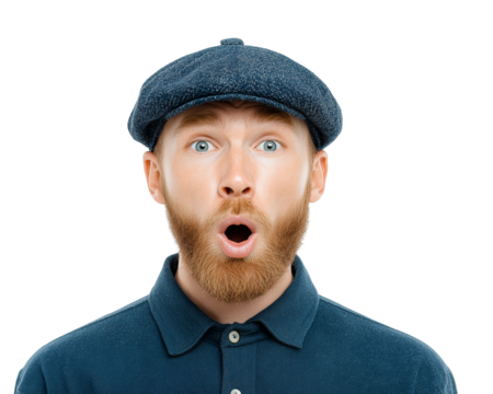 Man with surprised expression wearing a cap