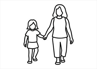 Artistic continuous line drawing of a happy mother embracing her young daughter with tender affection and care