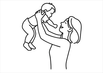 Artistic continuous line drawing of a loving mother embracing her young son showcasing a tender family moment with a simple yet expressive artistic style