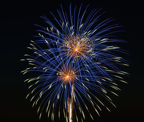 Brilliant blue and gold fireworks bursting against the dark night sky, capturing the excitement, beauty, and energy of a festive celebration.