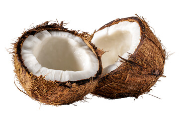 Halved coconut on black background. Fresh, tropical fruit.
