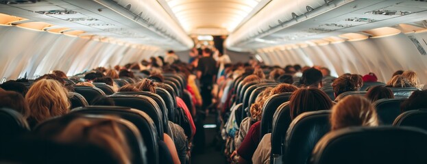 Airplane Cabin Interior with Passengers Sitting, Standing, and Walking Between Aisles, Capturing Realistic In-Flight Travel Experience