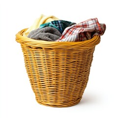 Wicker laundry basket filled with assorted clothes