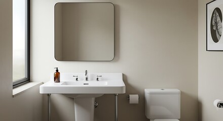 Slim pedestal sink, frameless vertical mirror, soft natural light, minimal front