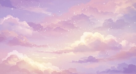 Soft watercolor clouds with stars in pastel shades. Dreamy sky heaven background for religious theme and spiritual concept.