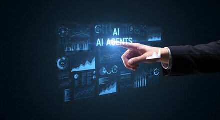 AI Agents: Futuristic Business Technology Concept with Hand Interacting with Data Visualizations
