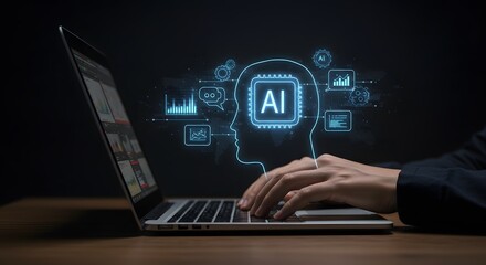 AI Technology: Person using Laptop with Artificial Intelligence Concept Visualization