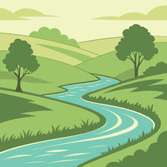 Obraz premium A blue river winds serenely through green hills, dotted with trees and light clouds