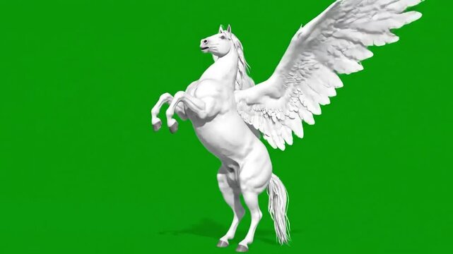 Majestic white Pegasus soars gracefully against vivid green screen backdrop perfect for motion graphics and video editing projects