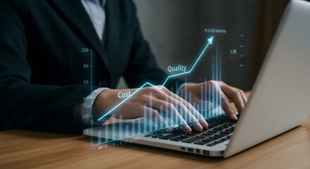 Business Growth: Cost and Quality Increase Graph on Laptop