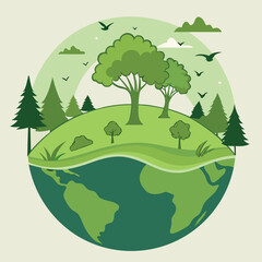 Naklejka premium A green Earth illustration showcases trees, birds, hills, and continents in a simple design